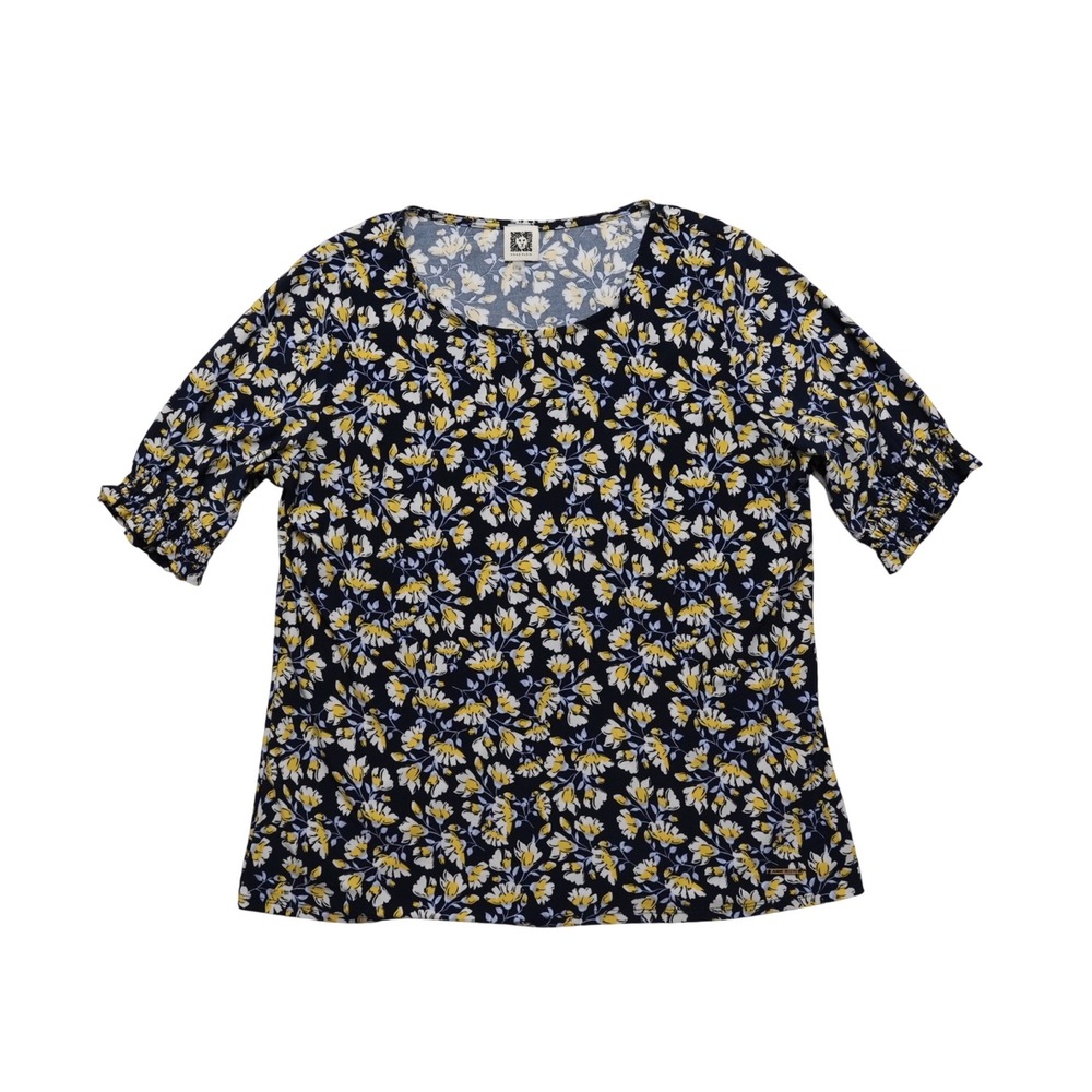 Anne Klein Womens Medium Floral Top Blue Yellow Ruched‎ Sleeve Stretch